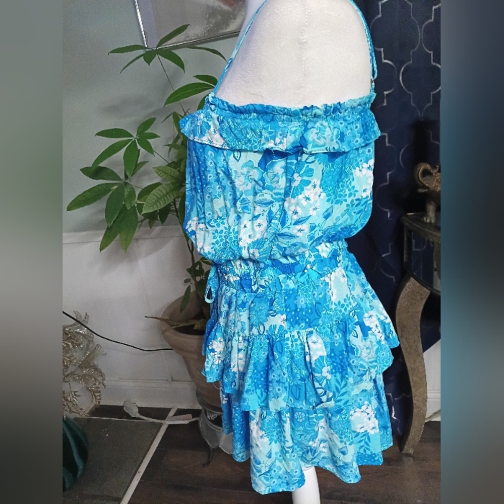 Blue Floral Ruffle Dress Rompers - Picture 10 of 14